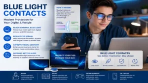 Blue light contacts providing comfort and protection while using multiple digital devices