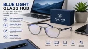 Blue light glass hub placed on modern workspace desk with digital devices