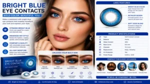 Bright blue eye contacts for fashion styling with bold color effect and feature analysis