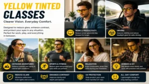 Lifestyle image featuring yellow tinted glasses for comfort and clear vision in daily activities