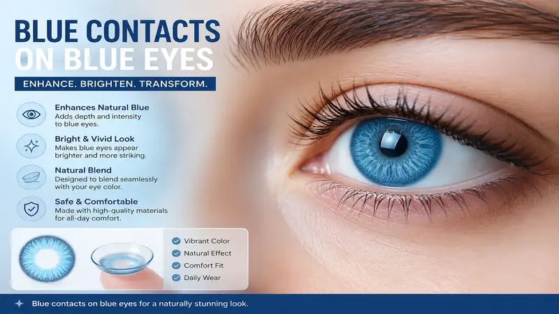Blue contacts on blue eyes creating a bright natural and realistic eye color enhancement