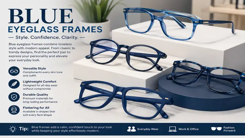 Stylish blue eyeglass frames displayed on a modern eyewear collection stand
