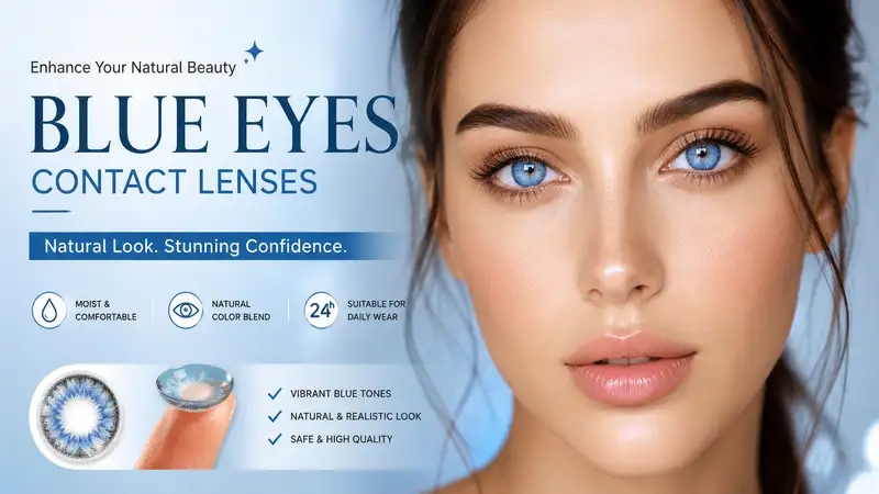 Person wearing blue eyes contact lenses with a natural appearance and bright eye enhancement