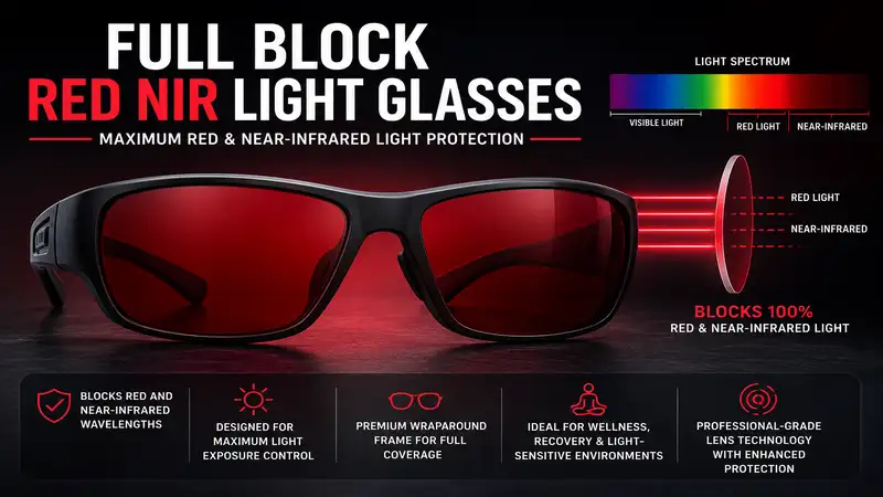 full block red nir light glasses with advanced lenses designed for maximum red and near-infrared light protection