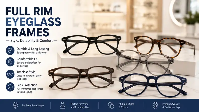full rim eyeglass frames displayed in multiple stylish designs for everyday wear and professional use