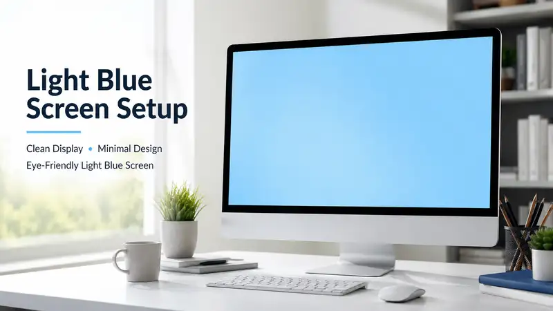 Modern workspace featuring a light blue screen on a desktop monitor with a clean and minimalist setup