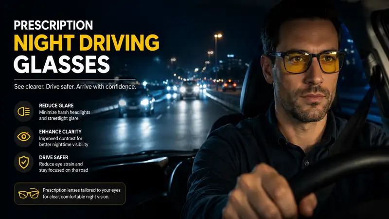 Driver wearing prescription night driving glasses on a highway at night with reduced headlight glare and improved road visibility