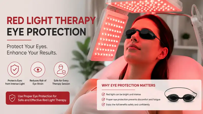 red light therapy eye protection with protective goggles during a professional LED therapy session