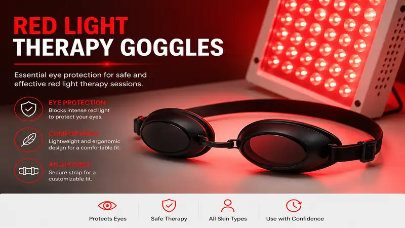 red light therapy goggles displayed with a red light therapy panel, highlighting eye protection, comfort, and adjustable design