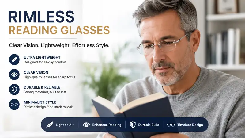 Stylish rimless reading glasses worn by an adult reading a book in a bright modern setting