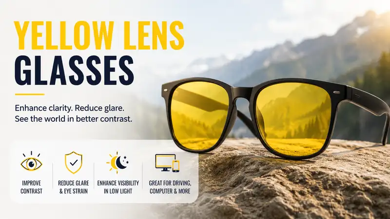 Yellow lens glasses designed to reduce glare and improve visual contrast for everyday indoor and outdoor use