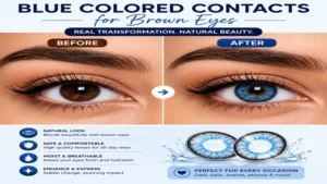 Blue colored contacts for brown eyes before and after comparison showing a realistic transformation from brown eyes to vivid blue eyes.