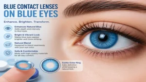 Blue contacts on blue eyes close-up showing detailed iris enhancement and natural blend