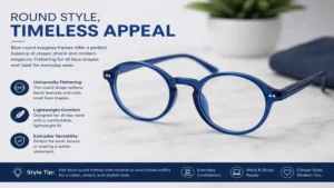 Trendy blue eyeglass frames with round lenses for a fashionable everyday look