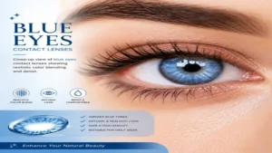 Close-up view of blue eyes contact lenses showing realistic color blending and detail