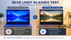 blue light glasses test comparing screen appearance with and without blue light filtering lenses