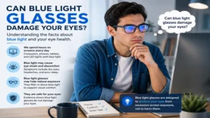 Person using a computer and wondering can blue light glasses damage your eyes during daily screen use