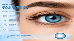 Close-up view of blue contact lenses on blue eyes showing realistic color coverage and natural blending