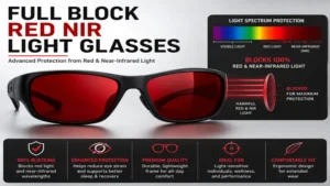 Close-up of full block red nir light glasses showing specialized red and near-infrared light blocking lens technology