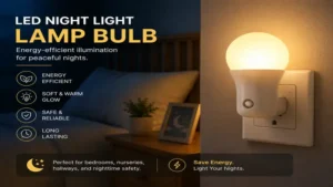 night light lamp bulb with energy-efficient LED glow beside a bed at night