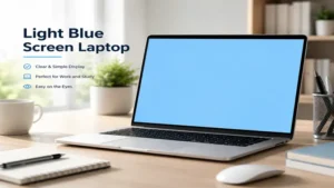 Laptop showing a light blue screen on a bright desk in a modern home office