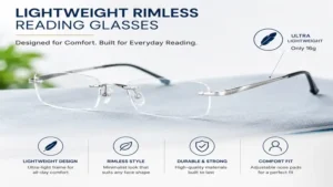 Lightweight rimless reading glasses designed for comfortable daily use and extended reading