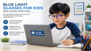 Student wearing blue light glasses for kids during online learning on a laptop at home