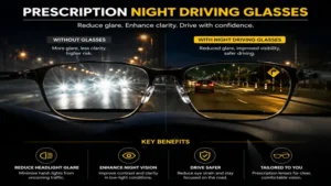 Comparison showing how prescription night driving glasses reduce glare and improve nighttime driving clarity