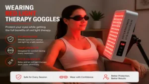 Person wearing red light therapy goggles during a red light therapy session for safe eye protection