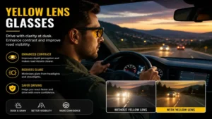 Yellow lens glasses worn while driving at dusk to enhance contrast and improve road visibility