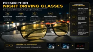 Close-up product display of prescription night driving glasses with anti-glare lenses for safer driving after dark