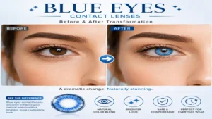 Before and after comparison featuring blue eyes contact lenses for a dramatic eye color transformation