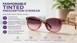 Fashionable tinted prescription glasses with stylish frames and UV protection for all-day comfort