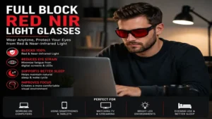 Person wearing full block red nir light glasses in an indoor environment to reduce red and NIR light exposure