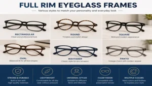 Various full rim eyeglass frames including rectangular, round, square, and modern frame styles