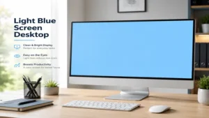 Large desktop monitor displaying a light blue screen for everyday productivity and digital tasks