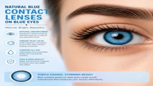 Natural-looking blue contact lenses on blue eyes creating a bright and beautiful everyday look