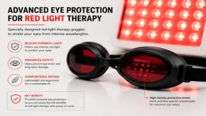 Close-up of red light therapy goggles showing advanced eye protection and light-filtering lenses