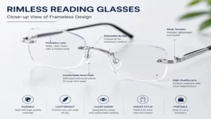 Close-up view of rimless reading glasses highlighting the frameless lens design and clear vision