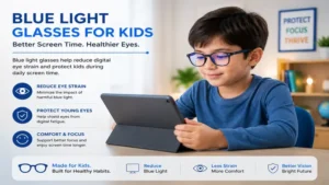 Child using a tablet with blue light glasses for kids to support comfortable screen time