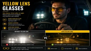 Yellow lens glasses helping reduce glare from headlights during nighttime driving conditions