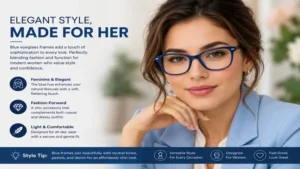 Elegant blue eyeglass frames complementing a chic women's fashion style