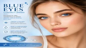Model with light complexion wearing blue eyes contact lenses for a vibrant and natural effect