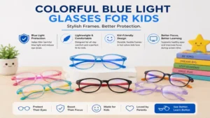 Collection of stylish and colorful blue light glasses for kids designed for everyday wear