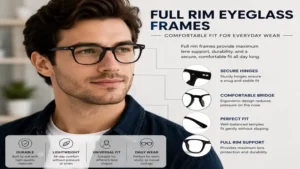 Person wearing full rim eyeglass frames demonstrating a secure and comfortable fit for daily wear