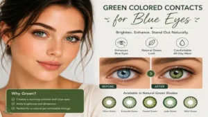 colored contacts for blue eyes with green shades creating a bright and natural contrast