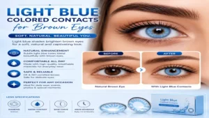 Blue colored contacts for brown eyes featuring light blue lenses that create a soft, bright, and natural eye color enhancement.