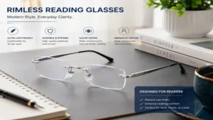 Modern rimless reading glasses placed on a desk beside books and reading materials
