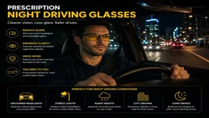 Driver using prescription night driving glasses in city traffic at night for enhanced visibility and comfort
