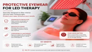 red light therapy eye protection with specialized protective eyewear in a wellness therapy environment